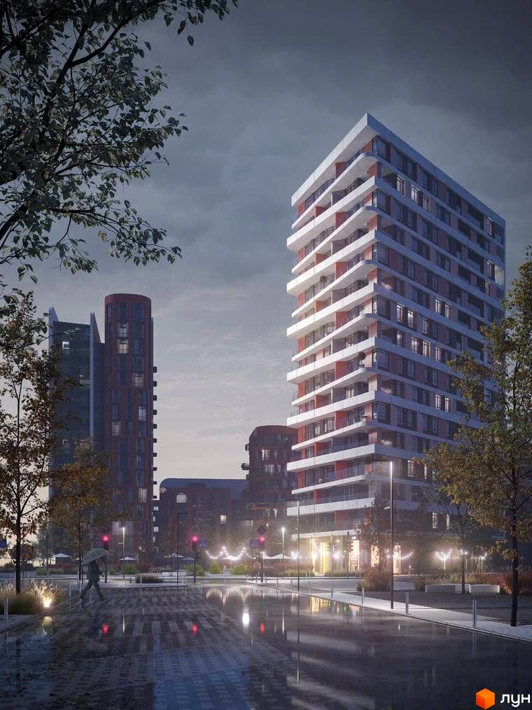 Новобудова Respublika з багатоповерховим будинком, що має білі балкони та червоні акценти на фасаді. Вулиця після дощу з відображеннями світла та пішоходом.