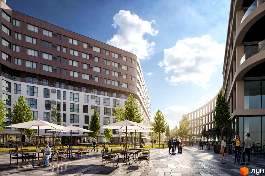 Зовнішній вигляд житлового комплексу Safe Town з вигнутими фасадами та великими вікнами, що виходить на затишний двір з терасами та зонами відпочинку.