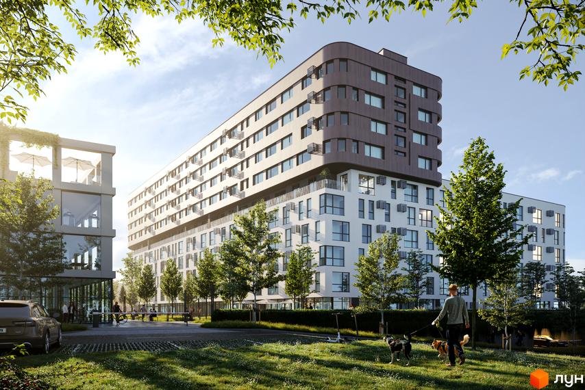 Житловий комплекс Safe Town з білими та сірими фасадами, панорамними вікнами та зеленою прибудинковою територією з деревами та місцями для відпочинку.