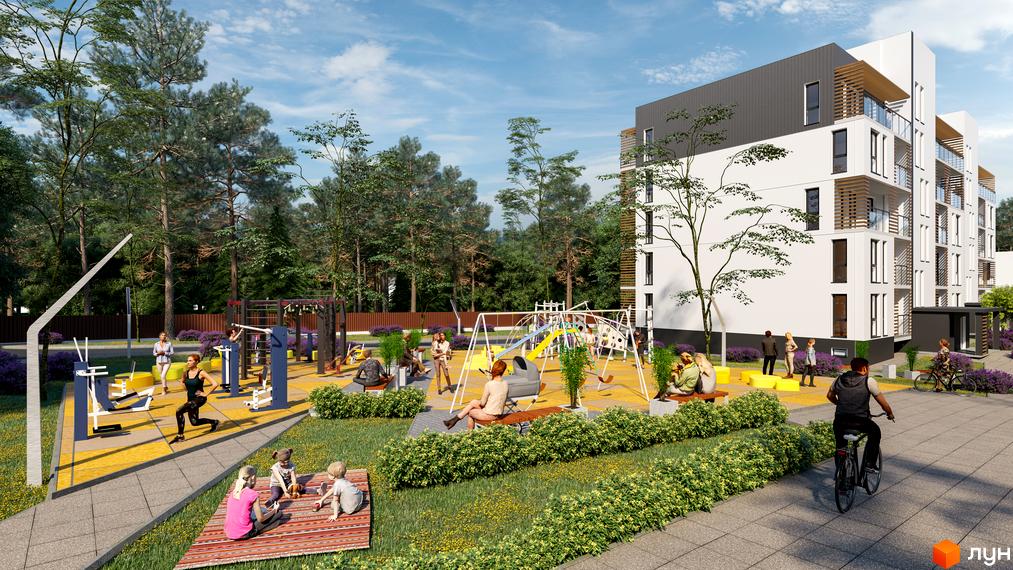 Житловий комплекс Еко-дім на Надійній має білий фасад з темним верхнім поверхом та балконами. Прибудинкова територія облаштована дитячим майданчиком, спортивними тренажерами та зеленими насадженнями.