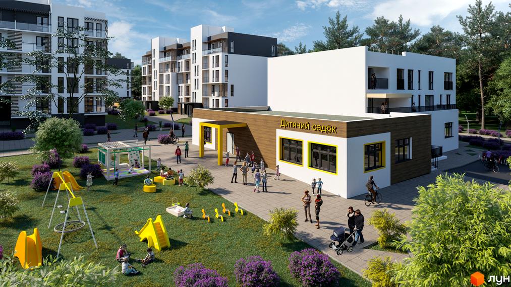 Житловий комплекс Еко-дім на Надійній з дитячим садком та дитячим майданчиком. Сучасна архітектура, велика прибудинкова територія з озелененням.