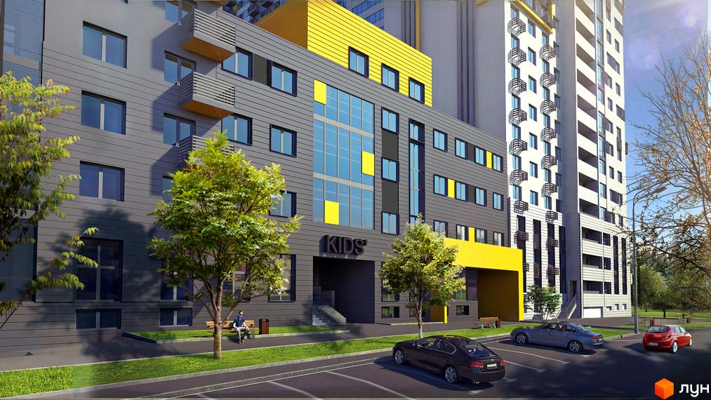 Зовнішній вигляд ЖК Campus: сіра будівля з жовтими вставками та великими вікнами. На передньому плані парковка з автомобілями та зелена зона.