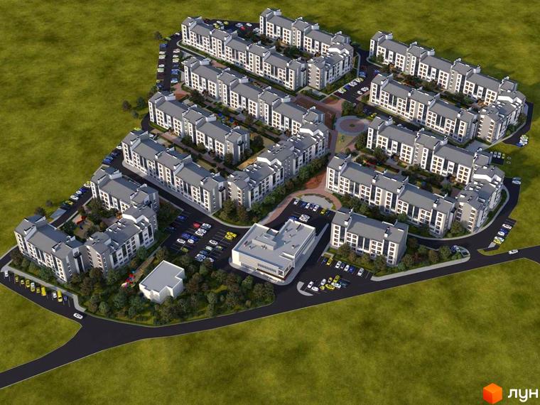 Вид зверху на Будівельний проєкт Grand Comfort. Багатоквартирні будинки з парковками та озелененням на території.