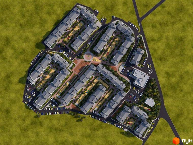 Вигляд зверху на будівлі ЖК Grand Comfort з парковками та зеленими зонами. Архітектурний план житлового комплексу з деталями благоустрою території.