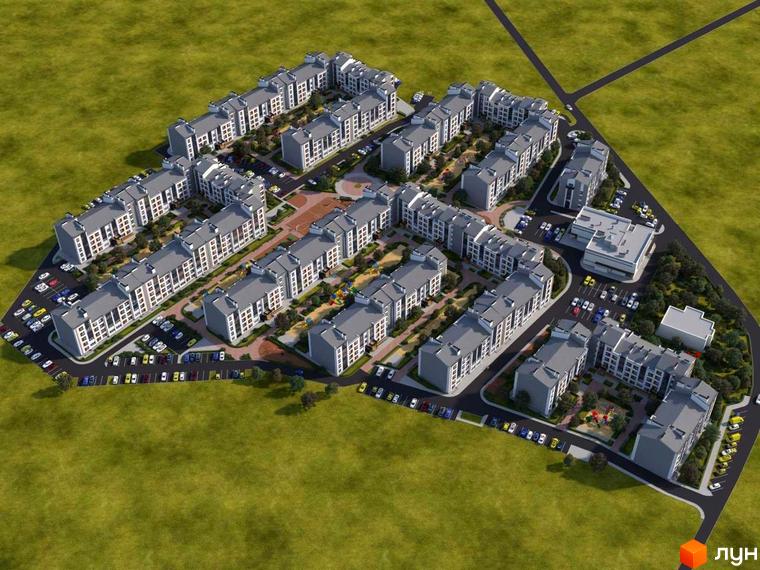 Вид на ЖК Grand Comfort. Багатоповерхові будинки з сірими дахами, упорядкована прибудинкова територія з парковками та зеленими насадженнями.