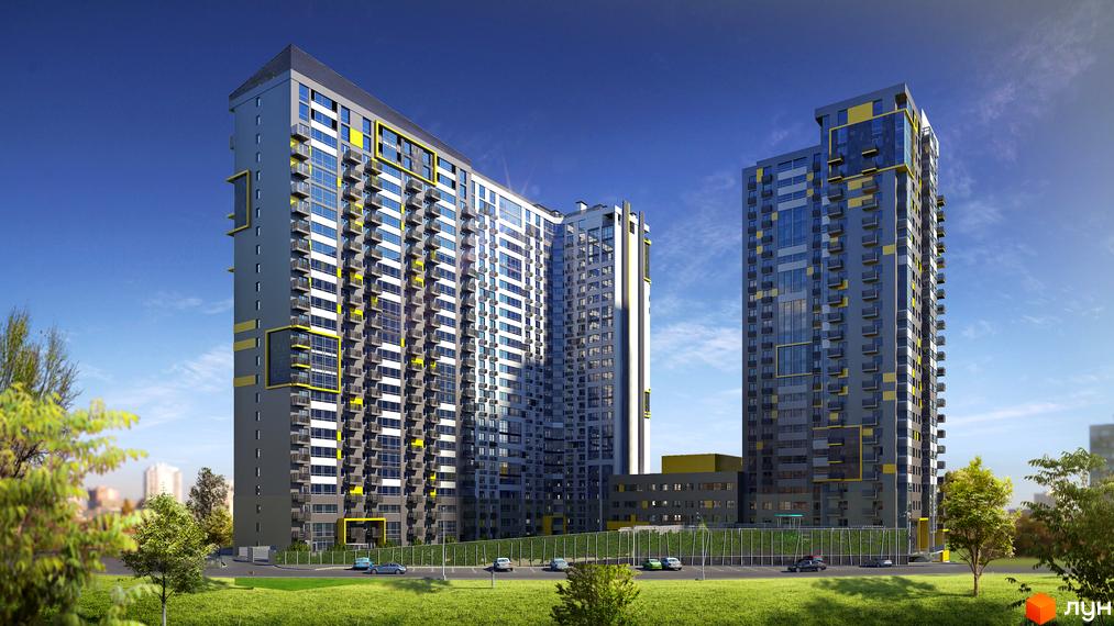 Зображення фасаду багатоповерхового будинку Житлового комплексу Campus з великою кількістю вікон і балконів. На передньому плані зелений газон та дерева.