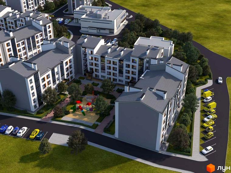 Зображення сторінки ЖК Grand Comfort. Багатоквартирний будинок з сірим дахом та білими стінами, поруч дитячий майданчик та парковка.