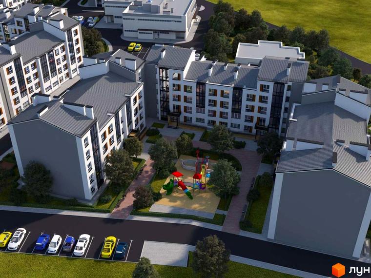 Зображення ЖК Grand Comfort: багатоповерхові будинки з сірими дахами та білими фасадами. На прибудинковій території дитячий майданчик та парковка.