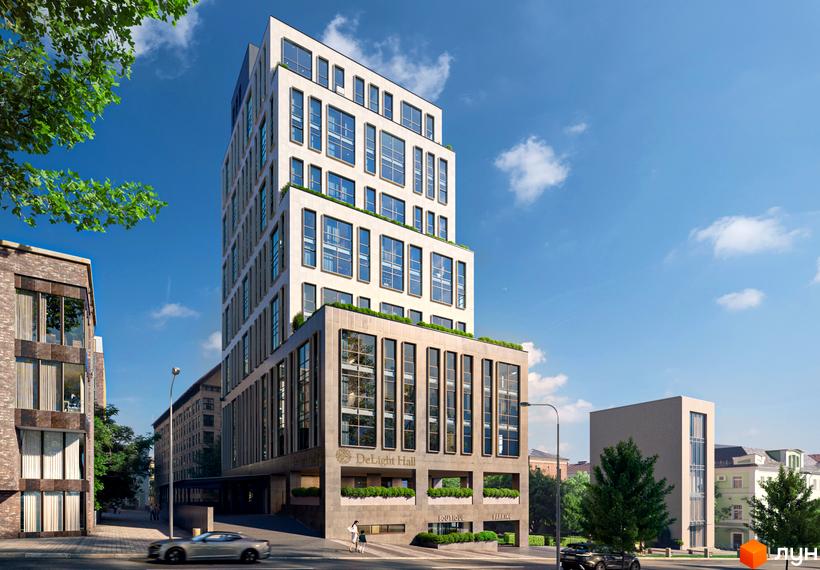 Зовнішній вигляд новобудови DeLight Hall з великою кількістю вікон та прибудинковою територією. Зовнішній вигляд новобудови DeLight Hall з великою кількістю вікон та прибудинковою територією.