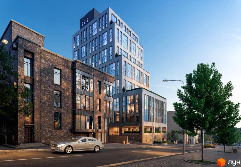 Фасад Житлового комплексу DeLight Hall з великими вікнами та терасами, розташований біля вулиці з деревами та автомобілем.