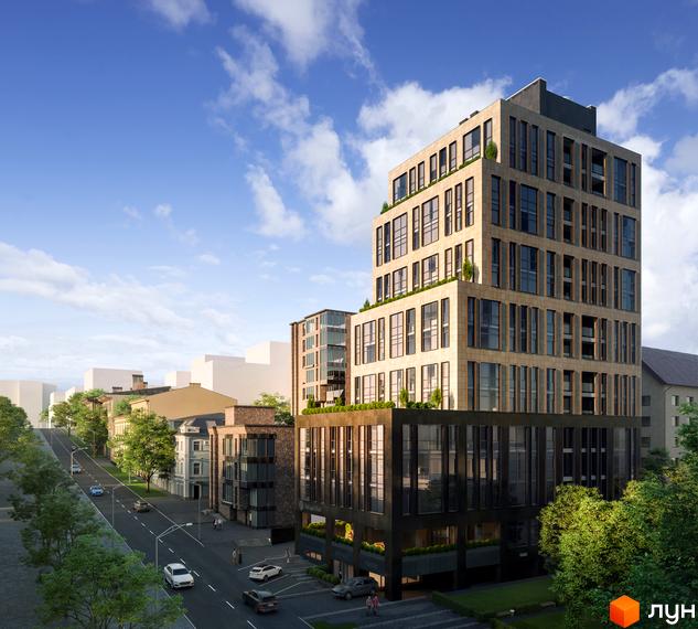 ЖК DeLight Hall: багатоповерховий будинок зі світлим фасадом, темною основою та зеленими терасами. Поруч вулиця з деревами та автомобілями.