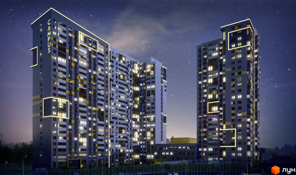 Зображення фасаду будинку Житлового комплексу Campus вночі. Висотки з великою кількістю вікон та підсвічуванням.