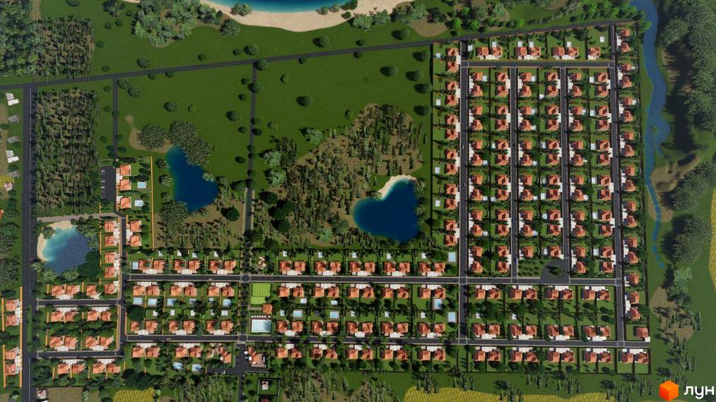 Котеджне містечко GoodLife Park: вид зверху на забудову з будинками з червоними дахами та приватними басейнами. Територія оточена зеленими насадженнями, дорогами та водоймами.