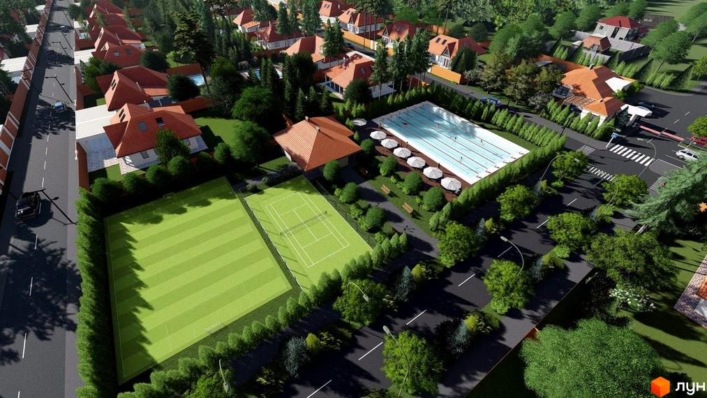 Вигляд з висоти на Котеджне містечко GoodLife Park з басейном, тенісним кортом та зеленими насадженнями.