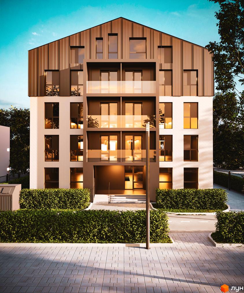 Житловий комплекс Брест: багатоквартирний будинок з похилим дахом, світлими стінами та балконами. Прибудинкова територія має зелені насадження та бруківку.