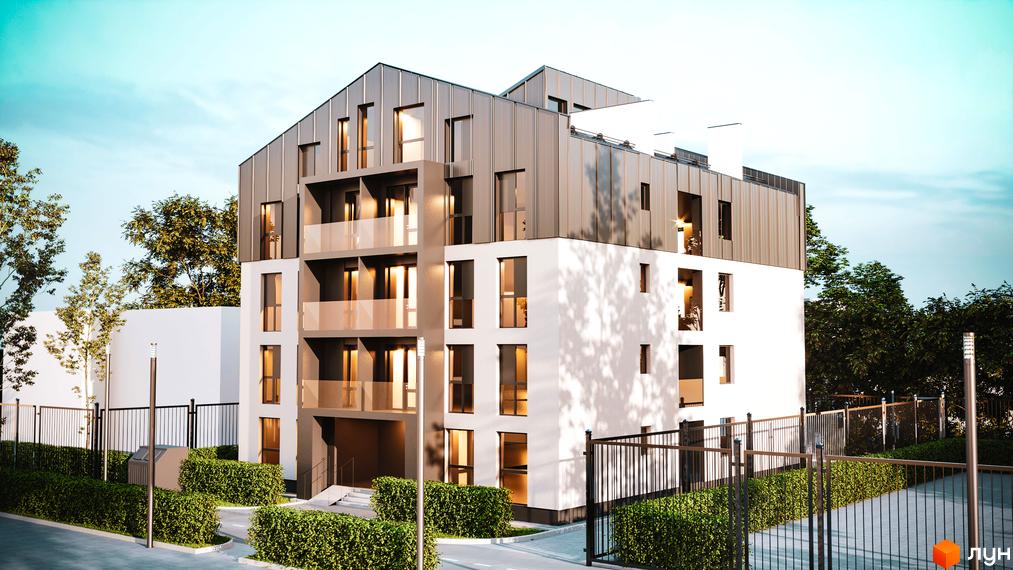 Зображення фасаду Житлового комплексу Брест з прибудинковою територією. Багатоповерховий будинок з металевим дахом та великими вікнами.