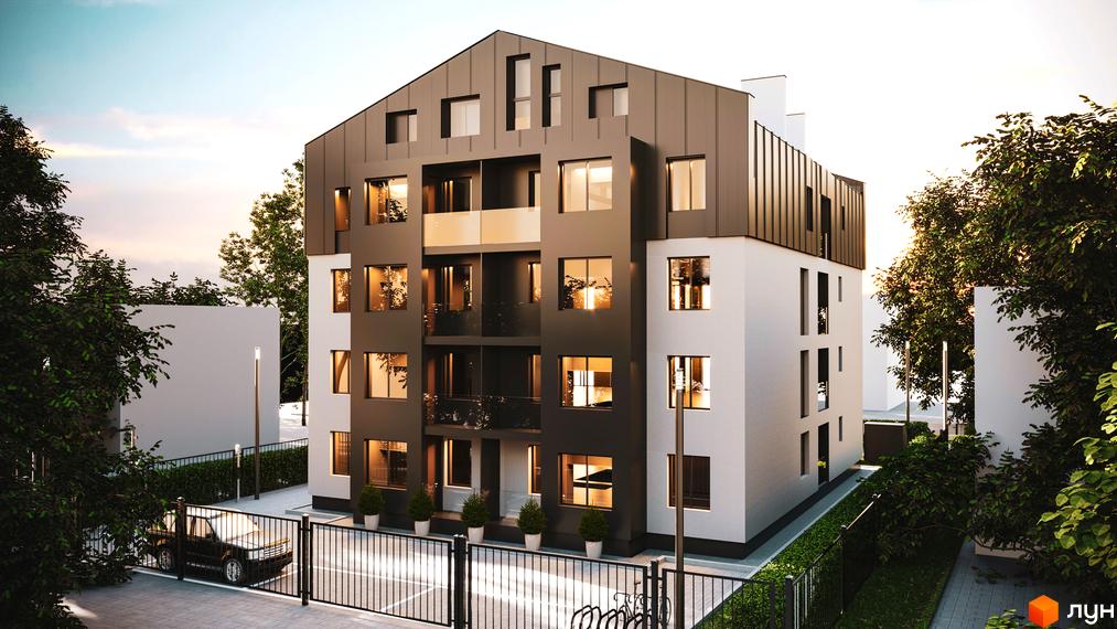 Зображення фасаду та прибудинкової території Житлового комплексу Брест. Багатоповерховий будинок з парковкою та зеленими насадженнями.