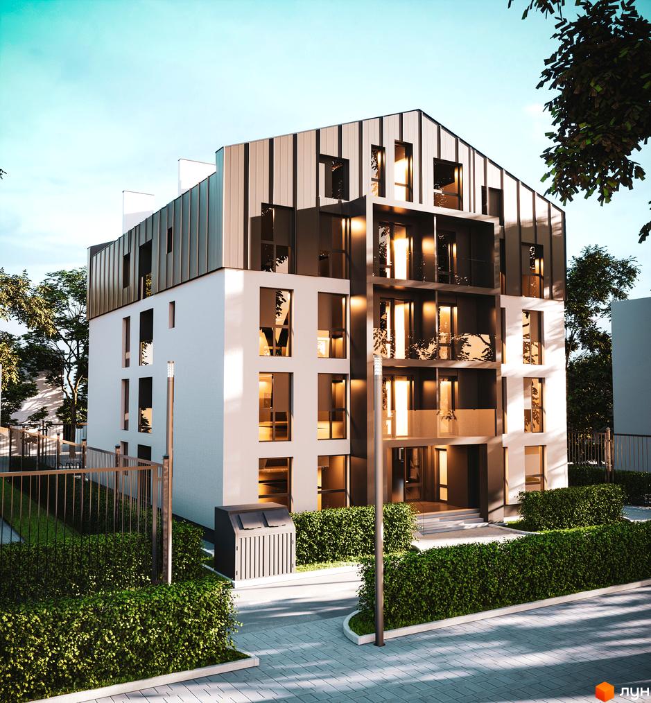 Зображення фасаду будинку Житлового комплексу Брест. На фото прибудинкова територія з зеленими насадженнями та тротуарною плиткою.