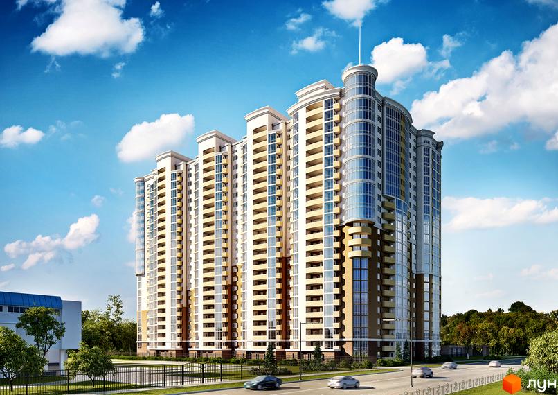 Зображення багатоповерхового будинку в Житловому комплексі Микитська Слобода. Вигляд фасаду та прилеглої території з дорогою.