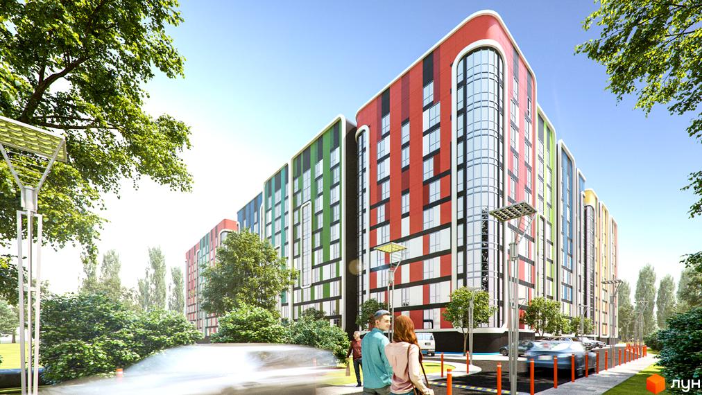 Житловий комплекс Карат має багатоповерхові будинки з яскравими фасадами та великими вікнами. Прибудинкова територія облаштована зеленими насадженнями, пішохідними доріжками та освітленням.