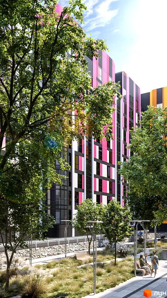 Багатоповерхові будинки Житлового комплексу Карат з яскравими рожевими, чорними та білими фасадами. Прибудинкова територія з зеленими деревами та ландшафтним дизайном.
