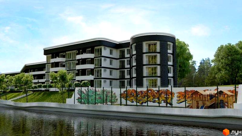 Житловий комплекс Lake City. Фасад будинку чорно-білий, з округлою секцією, розташований біля водойми з зеленими насадженнями та дитячим майданчиком.