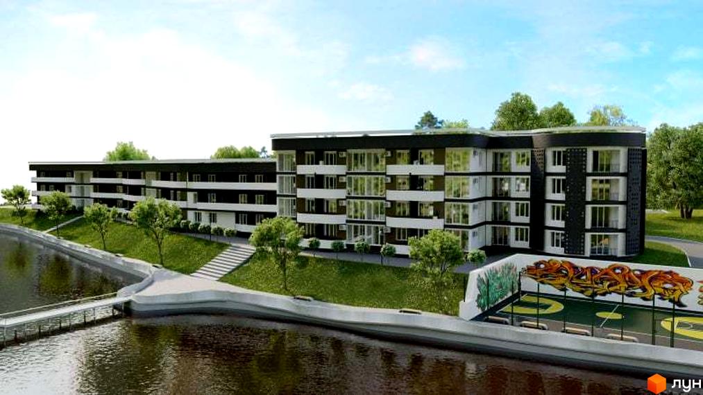 Зображення комплексу Lake City з виглядом на багатоповерховий будинок та прибережну зону з озером.