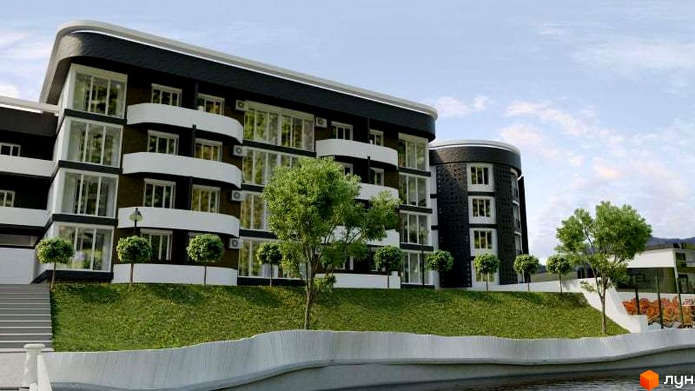 Зображення будинку в Житловому комплексі Lake City з великими вікнами та балконами. Навколо зелена територія з деревами.