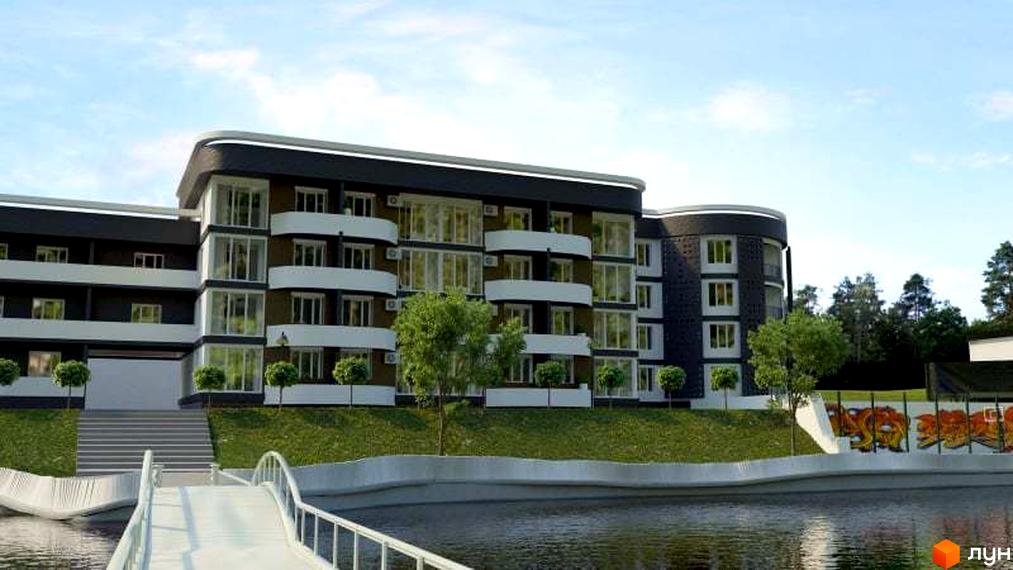 Зображення фасаду та прибудинкової території Житлового комплексу Lake City. Вигляд на будинок з боку річки та пішохідного мосту.