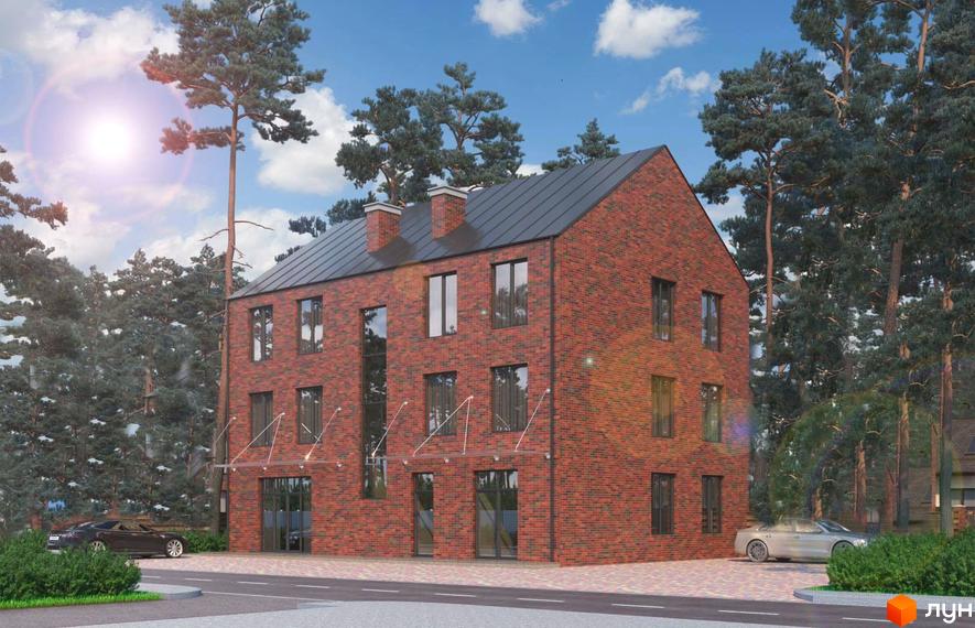 Зображення триповерхового будинку з червоної цегли з темним дахом. Навколо Житлового комплексу Positano Residence ростуть дерева.