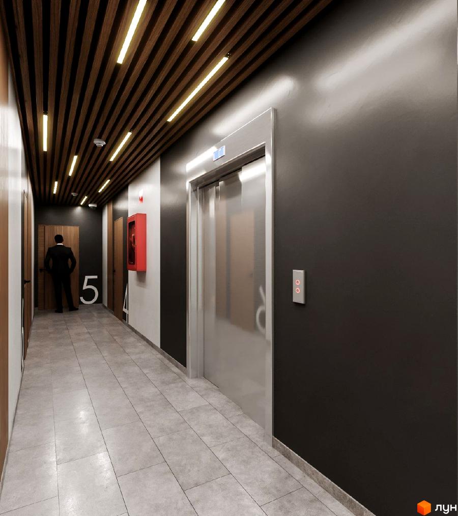 Інтер'єрний коридор Житлового комплексу Джем Сіті з дерев'яною стелею, вбудованим освітленням, ліфтом та вхідними дверима до квартир.