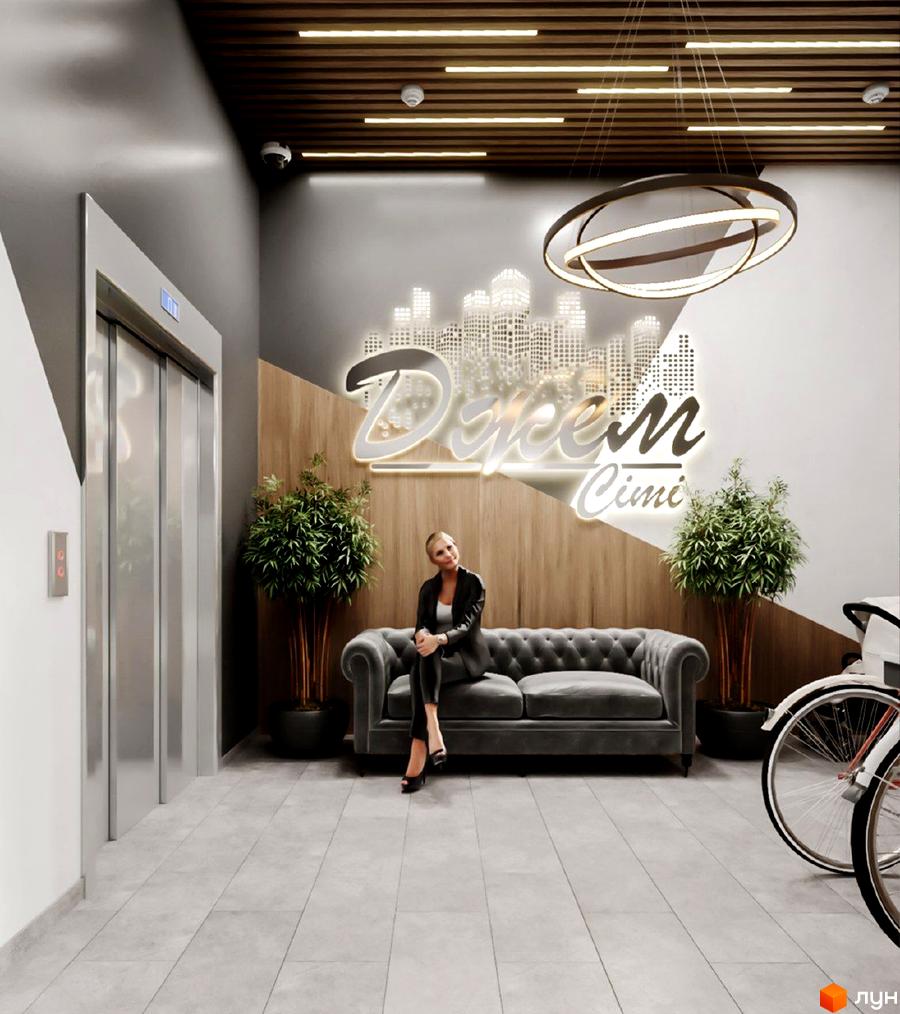 Вестибюль Житлового комплексу Джем Сіті з зоною очікування, ліфтом, декоративним панно та освітленням.