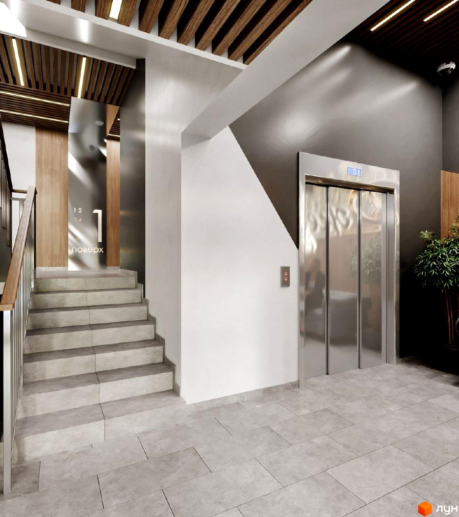 Інтер'єр лобі Житлового комплексу Джем Сіті з бетонними сходами, металевим ліфтом та дерев'яною стелею. На стіні видно позначку 