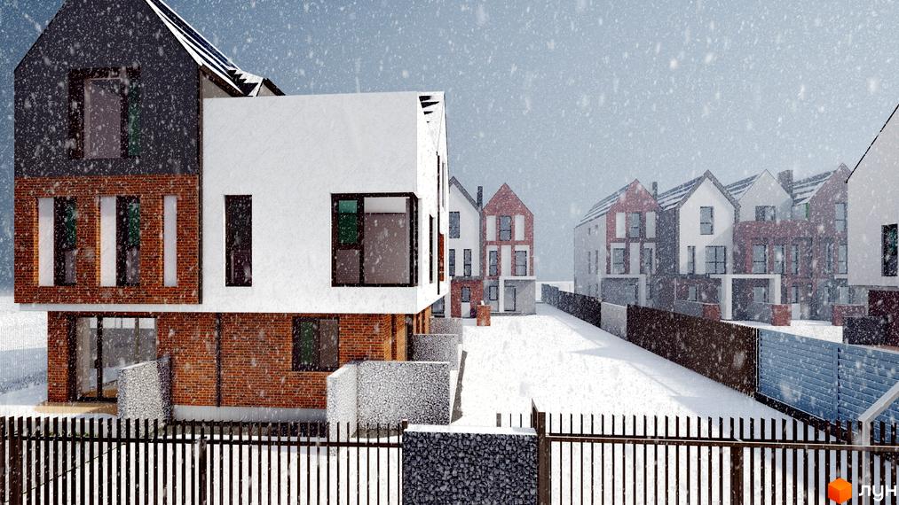 Зображення будинків Котеджного містечка Riverside взимку. На передньому плані паркан, за ним видно засніжені будинки.