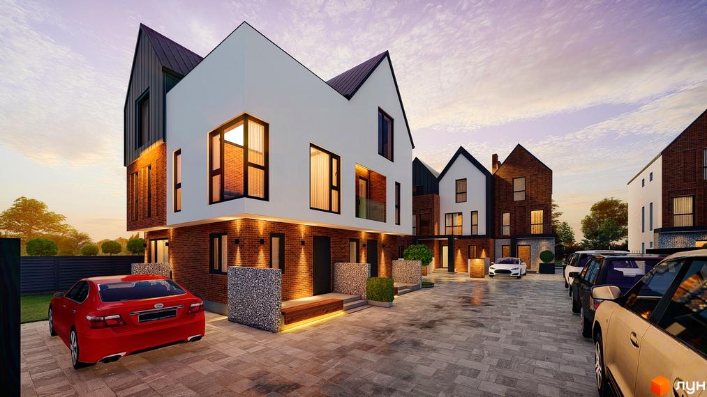 Котеджне містечко Riverside: фасади будинків з білим оздобленням, цегляними нижніми поверхами та темними дахами. Прибудинкова територія з бруківкою та автомобілями.