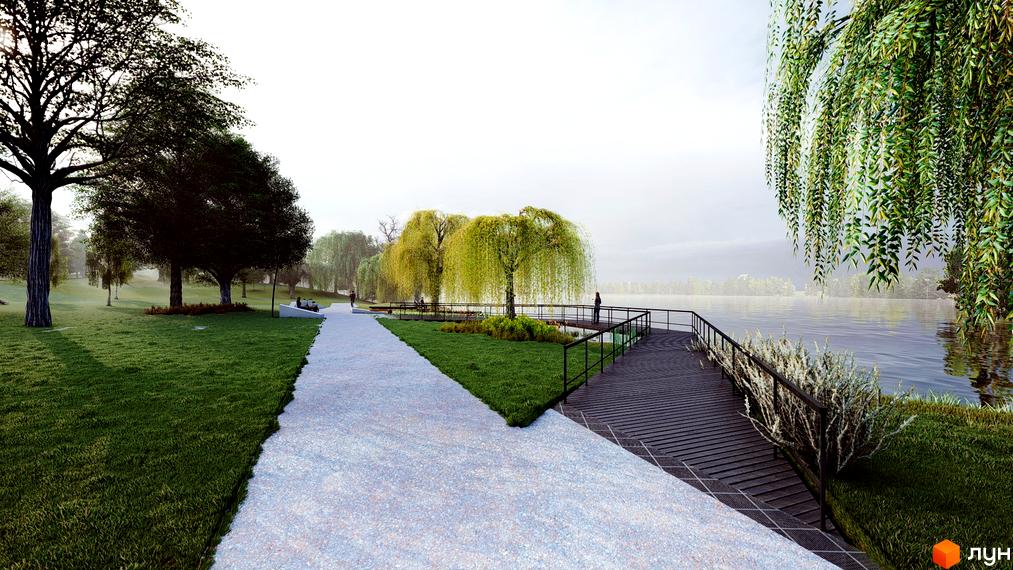 Зображення ландшафтного дизайну Житлового комплексу Riverside з пішохідною зоною та озелененням біля річки.