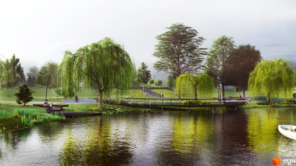 Зображення ландшафтного дизайну Котеджного містечка Riverside з озером, містком та зеленими насадженнями. Вигляд на благоустрій території.