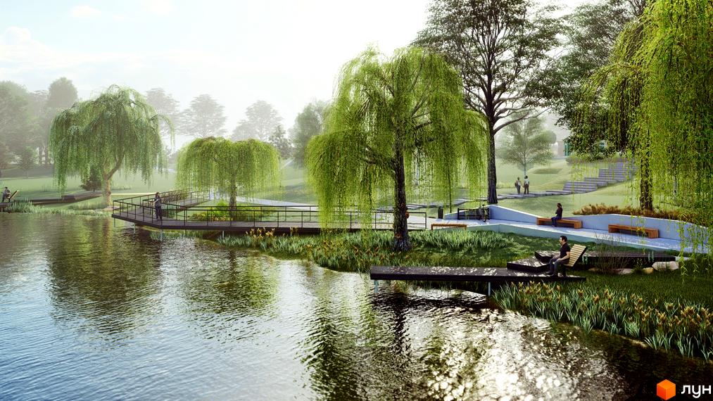 Паркова зона Котеджного містечка Riverside з водоймою, пірсом та зеленими насадженнями. Місце для відпочинку біля води.