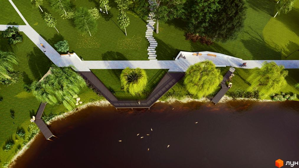 Вигляд з висоти пташиного польоту на Riverside: пішохідні доріжки, дерева та озеро. Відпочивальники на березі.