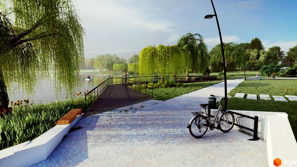 Візуалізація Котеджного містечка Riverside з ландшафтним дизайном, пішохідною зоною та велосипедом. Вид на озеро та зелені насадження.