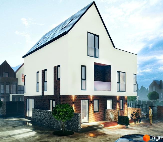 Будинок Містечка котеджів Riverside з білими стінами, темним дахом та цегляною обробкою. Територія має бруківку, дерево та вуличні ліхтарі.