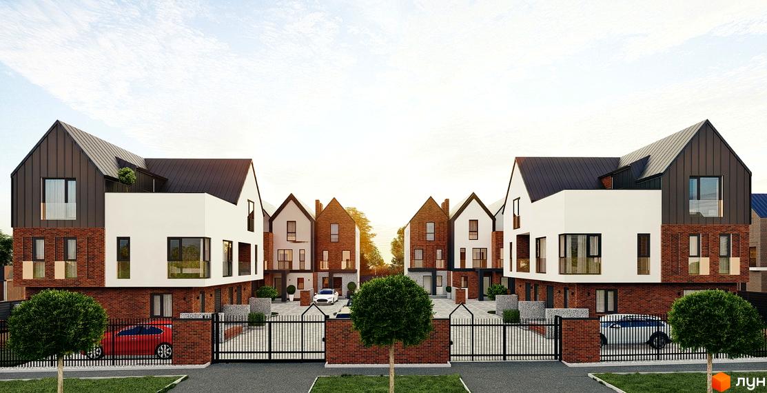 Зображення будинків у Котеджному містечку Riverside з червоної цегли та білими вставками. Перед будинками зелені насадження та автомобілі.