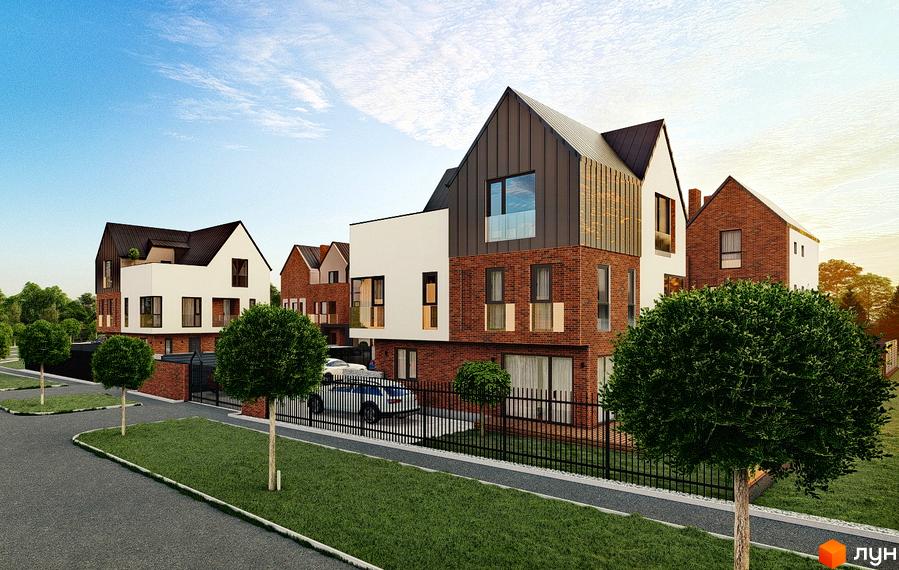 Зображення будинків Котеджного містечка Riverside з червоної цегли з великими вікнами та доглянутою прибудинковою територією.