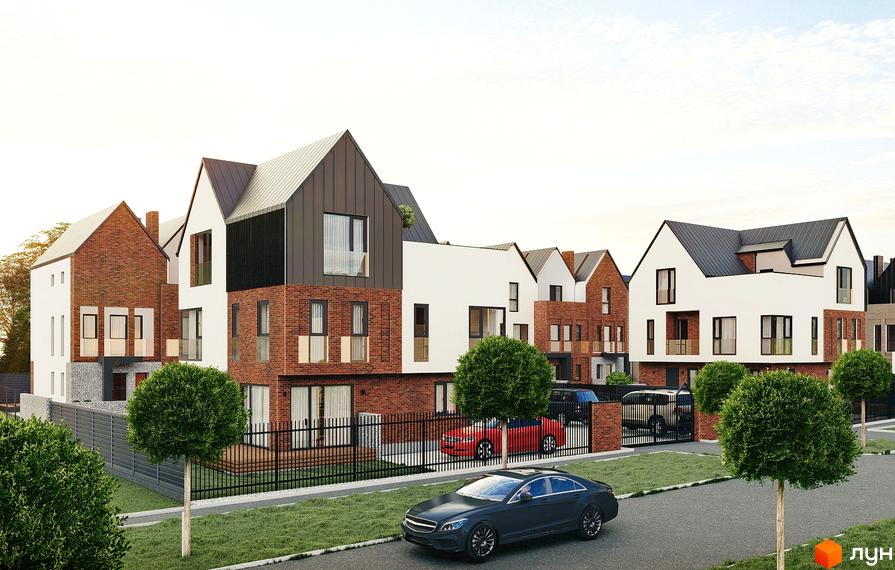 Зображення Котеджного містечка Riverside: двоповерхові будинки з червоної цегли та білими стінами. На передньому плані дорога та зелені насадження.