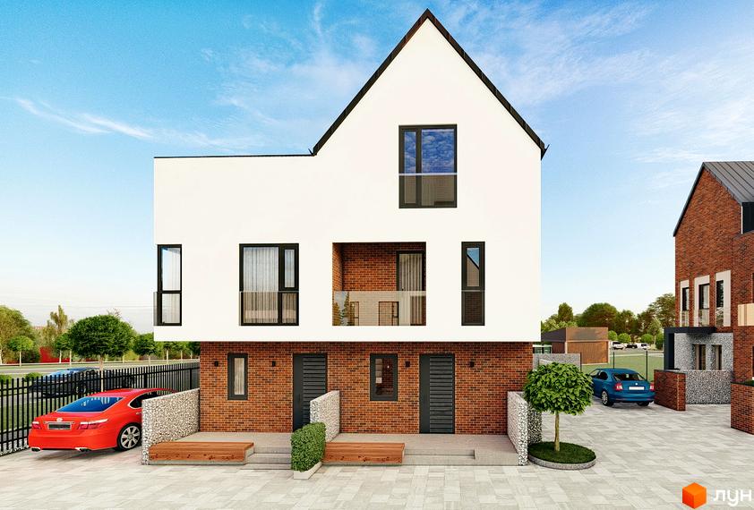 Котеджне містечко Riverside. Білий будинок з цегляною основою та темним дахом, вікна з темними рамами. На подвір'ї бруківка та автомобілі.