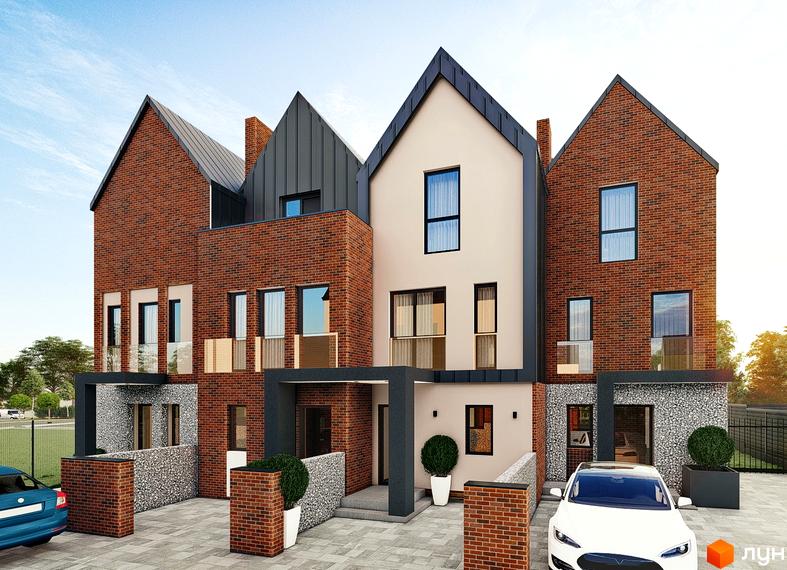 Ряд котеджів Котеджного містечка Riverside з цегляними фасадами та темними дахами. На передньому плані вимощена територія з автомобілями та зеленими насадженнями.