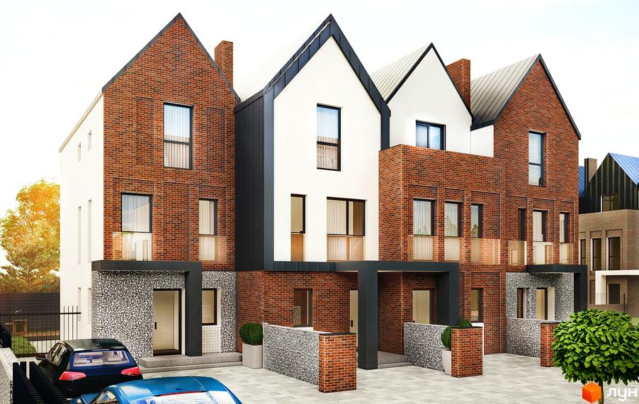 Зображення фасаду будинку в Котеджному містечку Riverside. На передньому плані прибудинкова територія з автомобілями.