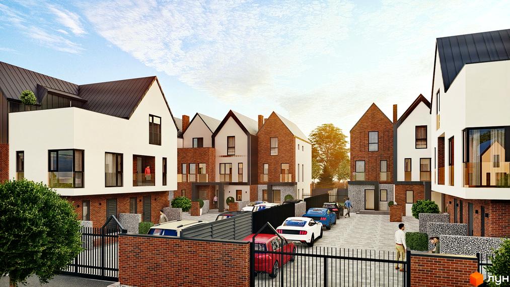 Зображення котеджів у Котеджному містечку Riverside з червоної цегли та білими стінами. На території є парковка для автомобілів.