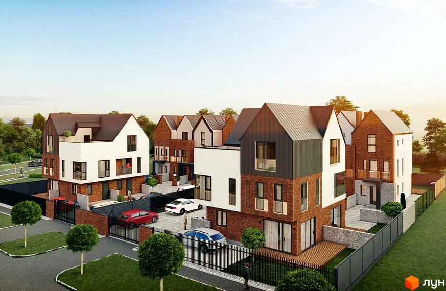 Котеджне містечко Riverside: будинки з цегляними стінами, білими фасадами та темними дахами. Прибудинкова територія з асфальтованими під'їздами та зеленими газонами.