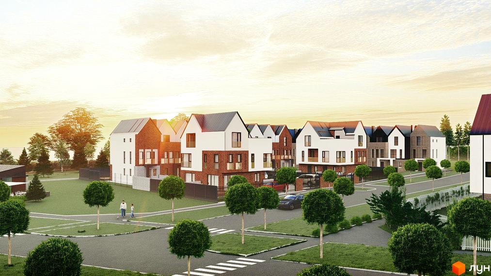 Котеджне містечко Riverside: двоповерхові будинки з білими верхніми фасадами та цегляними нижніми. Територія має зелені насадження, дороги та пішохідні зони.